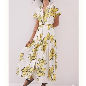 NWT Hutch + Anthropologie Saskia Button Belted Front Maxi Dress in Yellow Floral